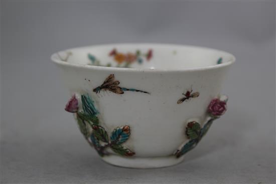 An unusual English soft paste porcelain polychrome teabowl and saucer, possibly Longton Hall c.1755-60, 12.4cm., repair to rim of teabo